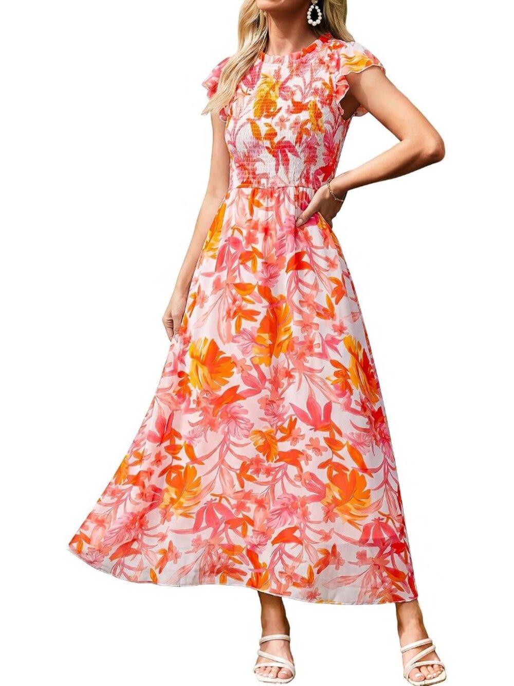 Women's Orange Pink Floral Ruffle Sleeve Chiffon Flowy Smocked Waist Maxi Dress